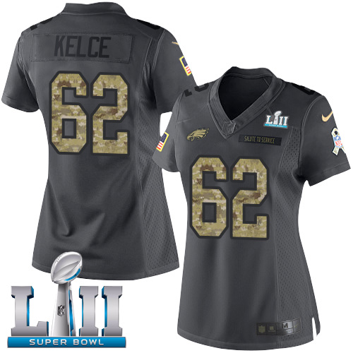 Nike Eagles #62 Jason Kelce Black Super Bowl LII Women's Stitched NFL Limited 2016 Salute to Service Jersey - Click Image to Close